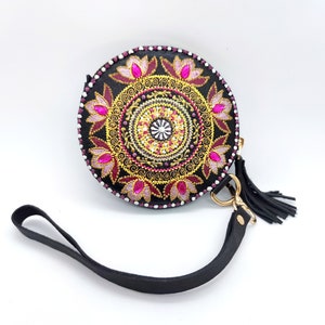 Round Mandala Leather Coin Wallet, Hand Stitched Headphones Holder, Leather Pill Pouch Leather Headphones Pouch Pill Case Round Zipper Pouch image 1