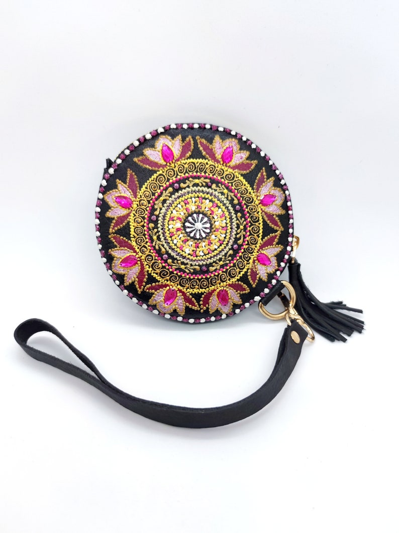 Round Mandala Leather Coin Wallet, Hand Stitched Headphones Holder, Leather Pill Pouch Leather Headphones Pouch Pill Case Round Zipper Pouch image 1