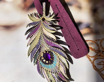 Colorful Peacock Leather Handbag Charm, Feather Bah Charm, Peacock Feather Charm, Multi Colors Charm