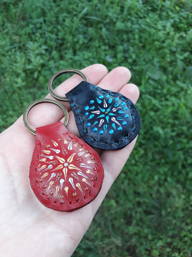 Mandala Leather Key Chain Leather Hand Painted Mandala Keychain Leather Key Fob Cute Accessory Keychain Leather Gift Keychain for Women