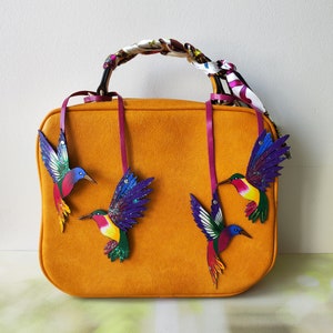 Handmade Leather Hummingbird Bag Charm: Painted Bird Purse Accessory