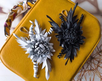White Leather Flower Keychain, Black Leather Bag Charm