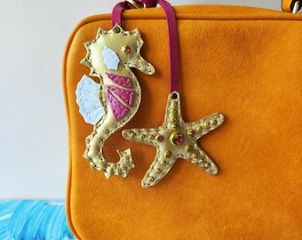 Handmade Leather Seahorse Starfish Purse Charm, Crystaled Keychain Gift