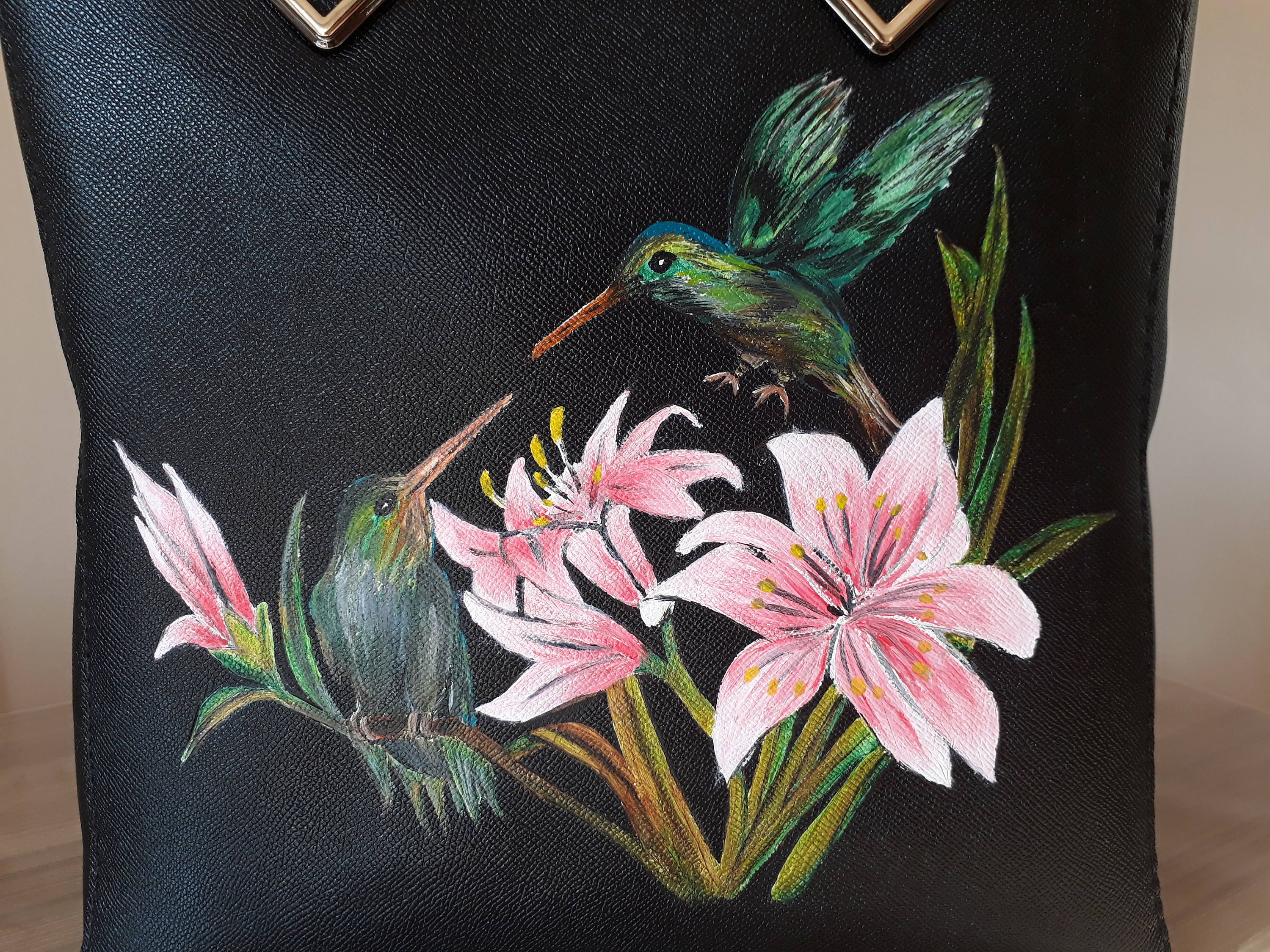 Painted Leather Bag, Unique Leather Purse, Humming Bird Handbag, Art Bag, Leather Hand-Painted, Flowers Bag, Artistic Handbag