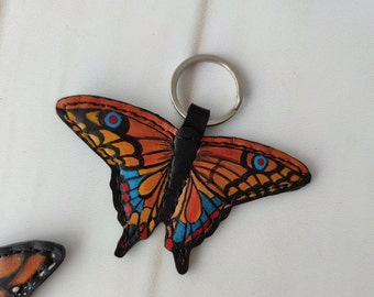 Leather Butterfly Key Ring Hand-painted Butterfly Keychain Key Fob Gifts for her Gift for mum Girlfriend Present Unique Leather Accessory