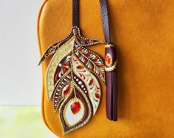 Handmade Leather Feather Bag Charm: Painted Mandala Tassel