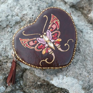 Mothers Day Gift For Her, Brown Leather Purse With Hand-Painted Red Butterfly, Coin Change Purse, Brown Leather Zip Purse With Butterflly image 2
