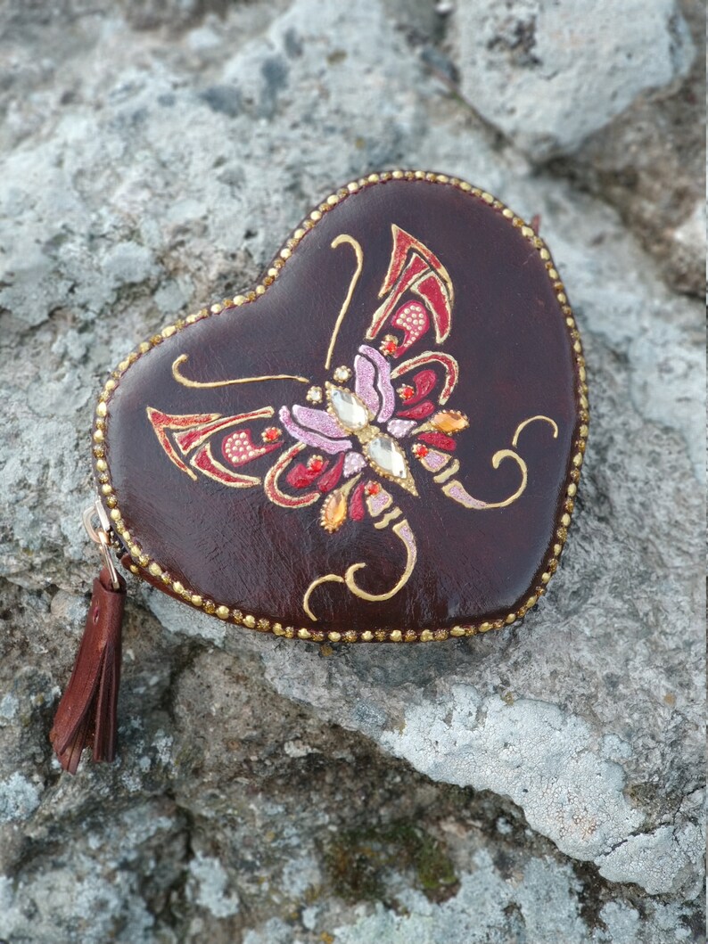 Mothers Day Gift For Her, Brown Leather Purse With Hand-Painted Red Butterfly, Coin Change Purse, Brown Leather Zip Purse With Butterflly image 2