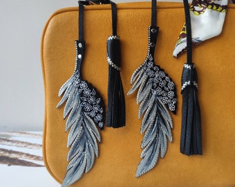 Black Leather Bag Charm, Feather with Flowers Purse Charm, Hand painted Bag Charm, Bird Feather Purse Charm, Unique Gift for Women Present