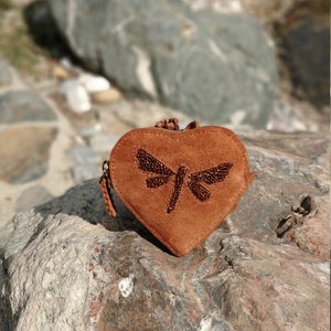 Heart-shaped Suede Purse with Hand Beaded Helicopter Bug, Christmas Gifts Leather Purse image 1
