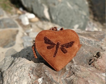 Heart-shaped Suede Purse with Hand Beaded Helicopter Bug, Christmas Gifts Leather Purse