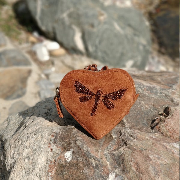 Heart-shaped Suede Purse with Hand Beaded Helicopter Bug, Christmas Gifts Leather Purse