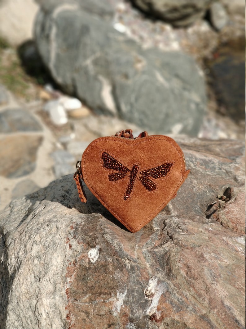 Heart-shaped Suede Purse with Hand Beaded Helicopter Bug, Christmas Gifts Leather Purse image 1