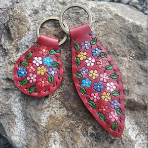 Flowers Leather Key Ring Tooled and Stamped Leather Whimsical Leather Hand Painted Leather Leather Key Fob Christmas Gift Gifts for Her Mom image 1