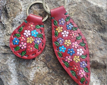 Flowers Leather Key Ring Tooled and Stamped Leather Whimsical Leather Hand Painted Leather Leather Key Fob Christmas Gift Gifts for Her Mom