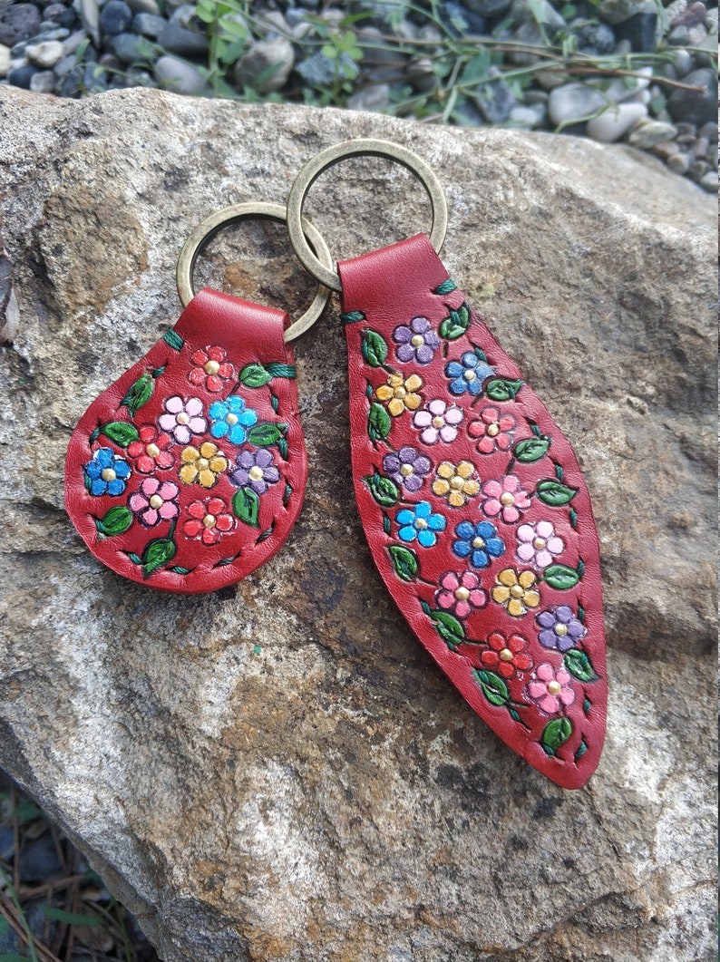 Flowers Leather Key Ring Tooled and Stamped Leather Whimsical Leather Hand Painted Leather Leather Key Fob Christmas Gift Gifts for Her Mom image 1