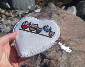 White Leather heart-shaped Purse with painted Owls Small Leather Bag Christmas gifts Merry Christmas Gift Gifts for women Purses and Bags