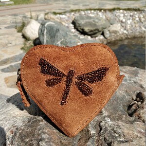 Heart-shaped Suede Purse with Hand Beaded Helicopter Bug, Christmas Gifts Leather Purse image 3