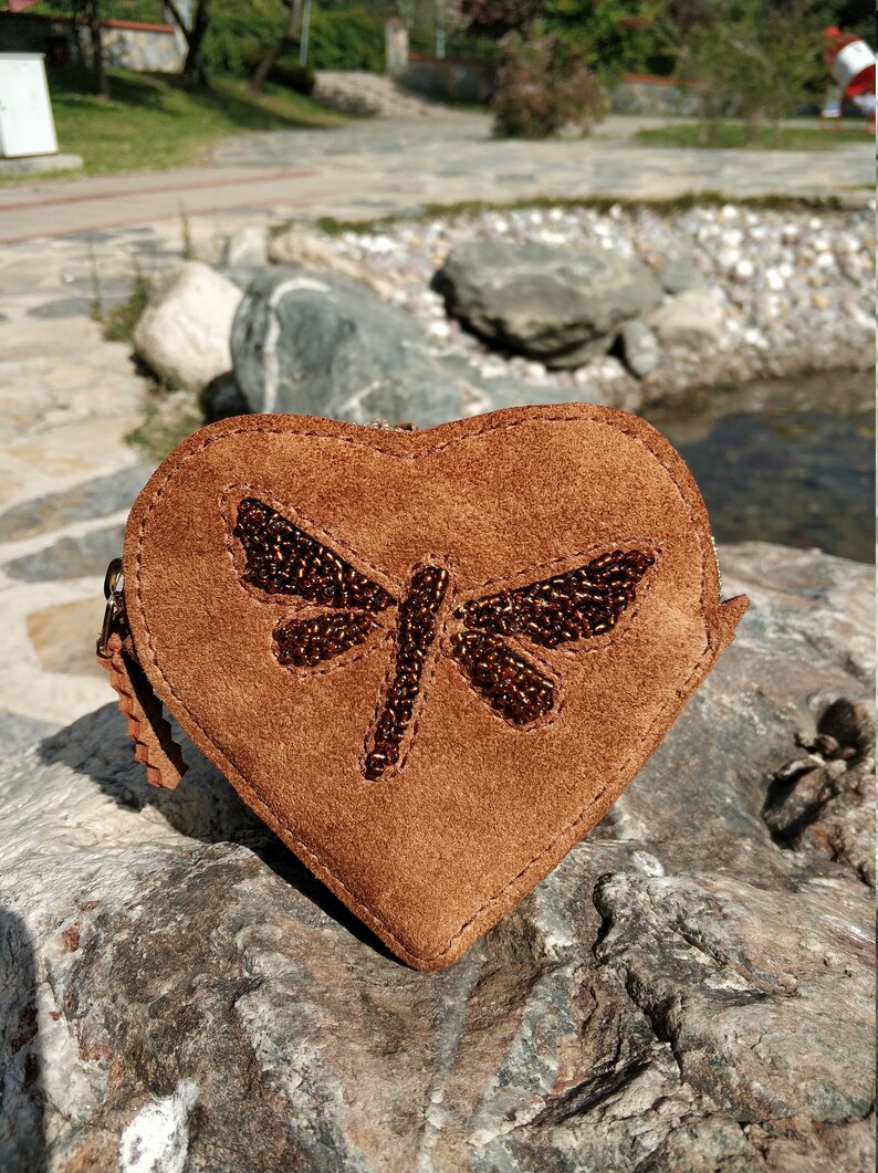 Heart-shaped Suede Purse with Hand Beaded Helicopter Bug, Christmas Gifts Leather Purse image 3