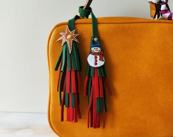 Charme de sac à main d’ornement de Noël, gland de sac double en cuir vert rouge, glands de sac en boucle, charme de sac à double gland en cuir, glands pour sac