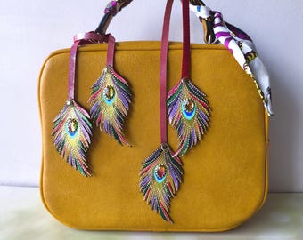 Handmade Leather Bag Charm Accessories, Colorful Feather Purse Charm