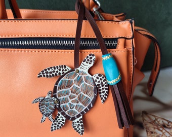 Handmade Sea Turtle Leather Bag Charm: Animal Keychain with Tassel