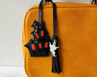 Haunted Houses Leather Bag Charm, Charms for Handbags, Halloween Leather Gift, Ghost Leather Charm, Holiday Gift Ideas, Spooky Fall Decor