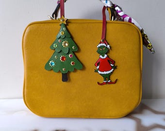 Hand-Painted Leather Grinch Christmas Bag Charm - Unique Ornament