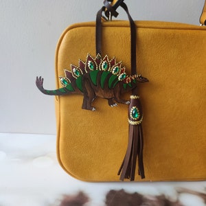 Dinosaur Leather Bag Charm, Stegosaurus Purse Charm, Handmade Luggage Tag, Leather Cute Handbag Charm, Unique Bag Charm, Dinosaur gift idea