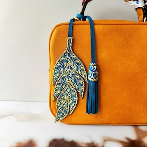 Handmade Leather Feather Bag Charm: Turquoise Tassel Purse Pendant