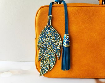 Handmade Leather Feather Bag Charm: Turquoise Tassel Purse Pendant