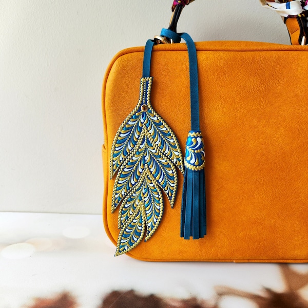 New Year Gift, Leather Feather Bag Charm, Christmas Gift Feather Purse Tassel, Leather Fob, Unique Pendant, Turquoise Bag Charm Tassel Bag