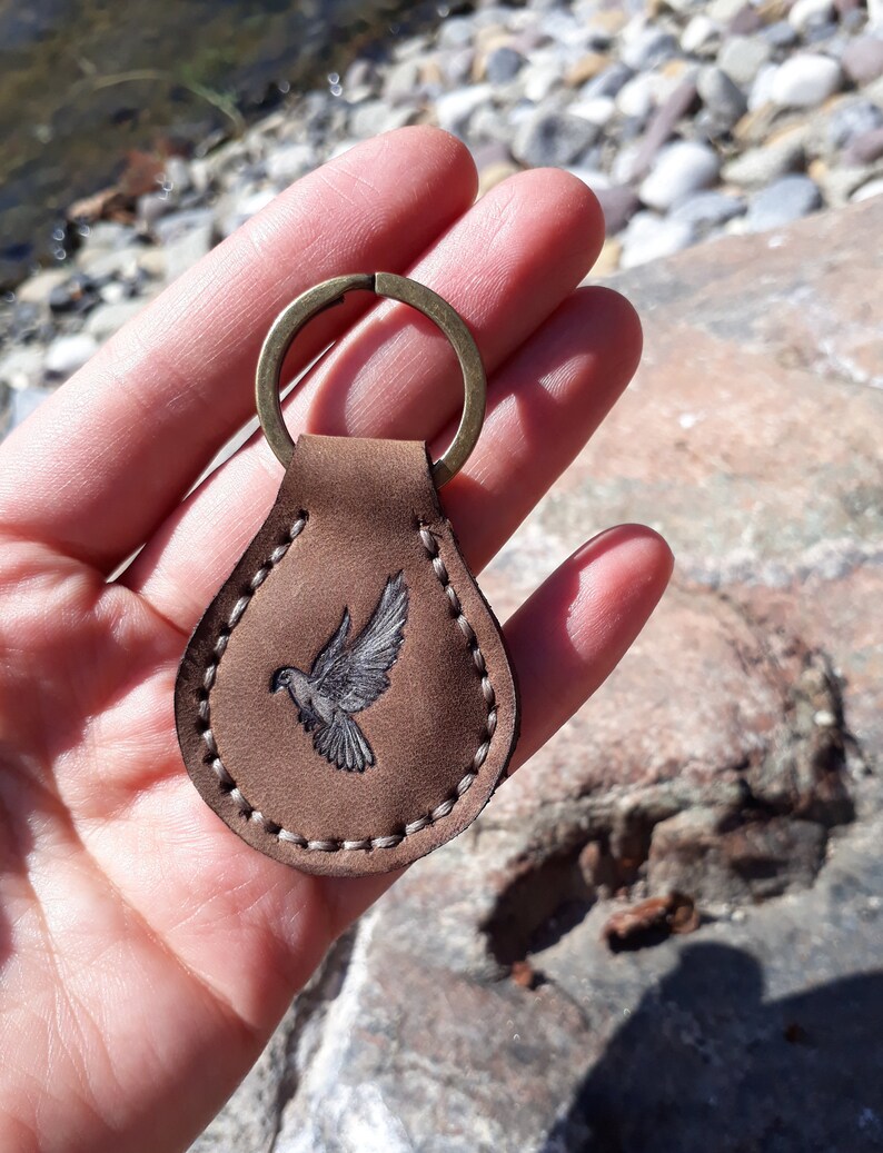 Dove Leather Key Fob Bird Keychain Stamped and Hand Painted Etsy