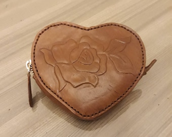 Brown Rose Hand Carved Leather Coin Purse Unique Leather Purse For Her Christmas Gifts Ideas For Sister Winter gift For Her Gift For Mom