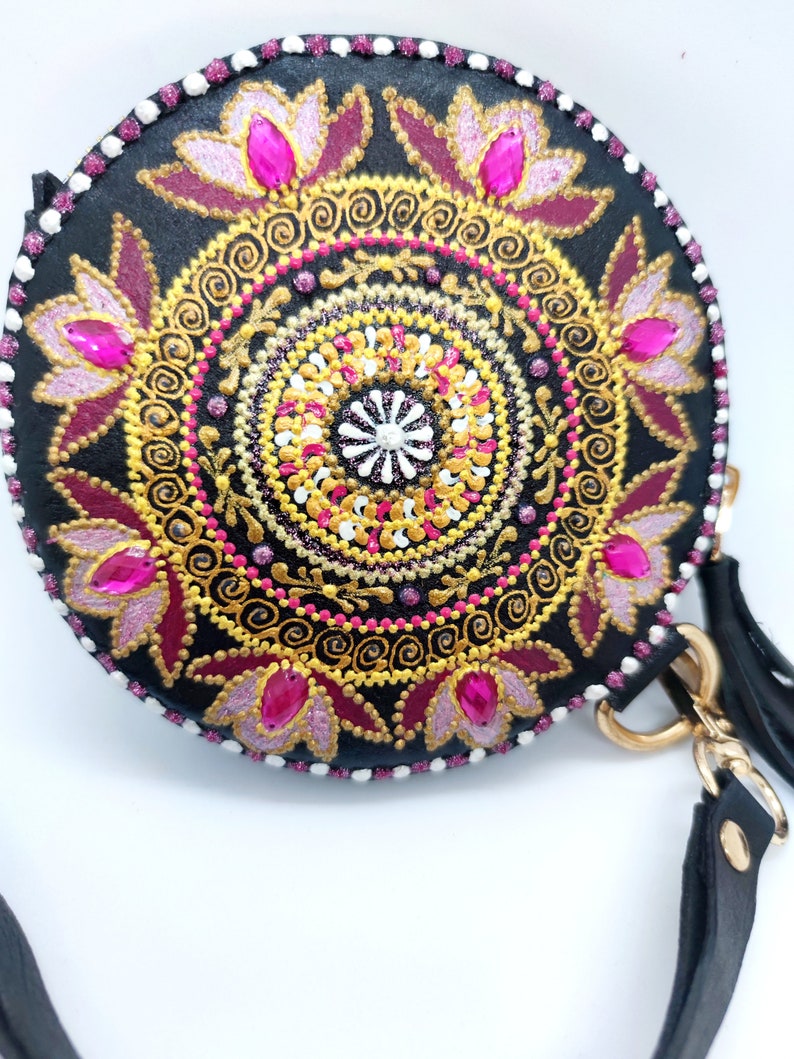 Round Mandala Leather Coin Wallet, Hand Stitched Headphones Holder, Leather Pill Pouch Leather Headphones Pouch Pill Case Round Zipper Pouch image 5