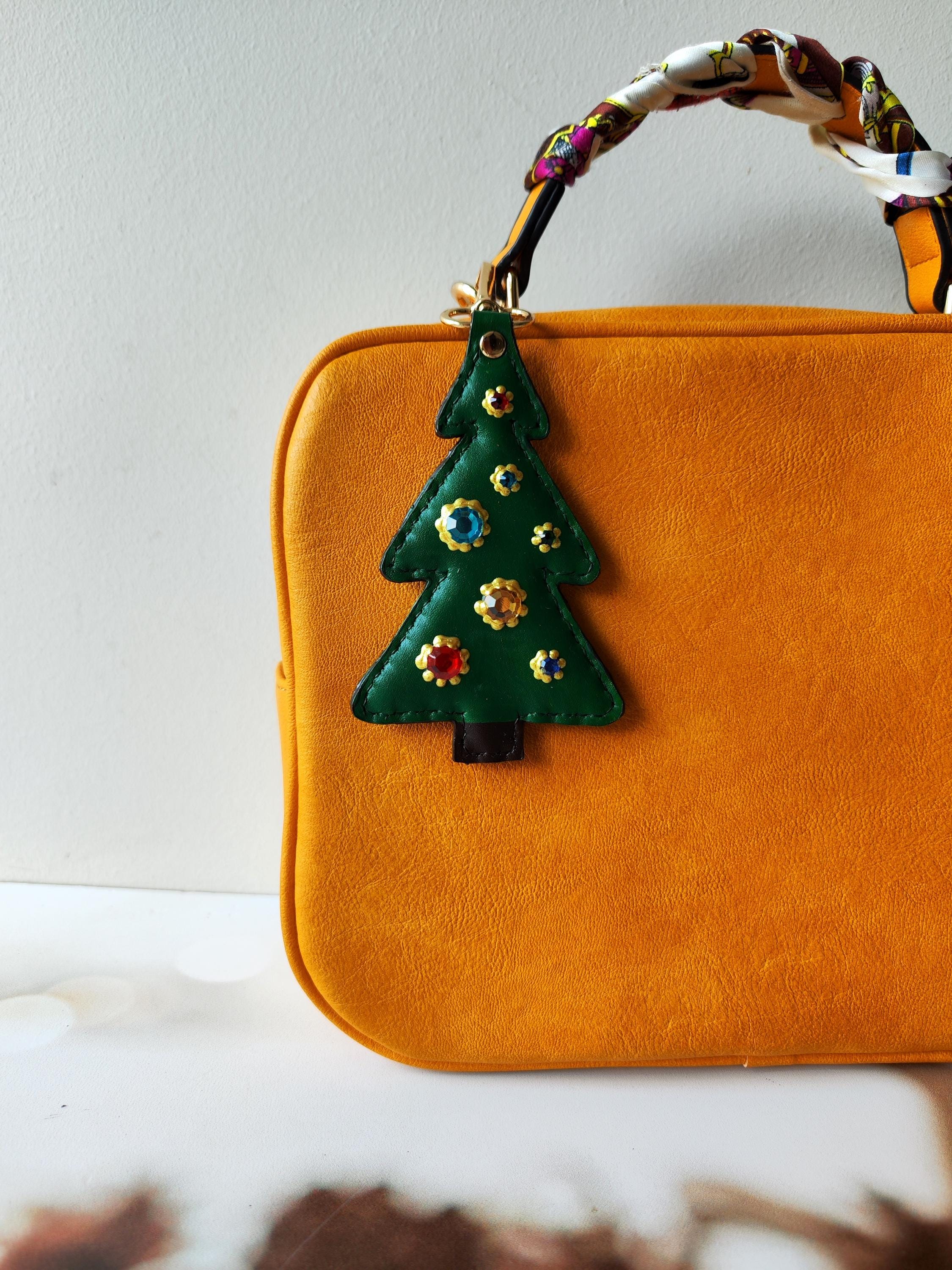 Handmade Green Leather Christmas Tree Bag Charm: Holiday Keychain