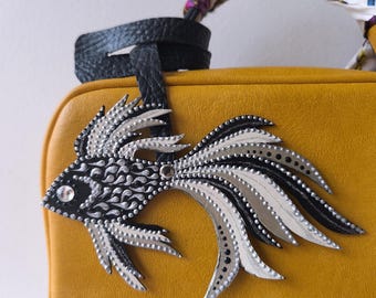 Handmade Leather Fish Bag Charm: Black, Silver & Crystal Accent