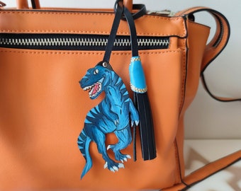 Blue T-Rex Dinosaur Bag Charm, Dinosaur Leather Decorations, Handmade Leather Trinket Novelty, Leather Purse Charm, Dinosaur Lover Gift Idea