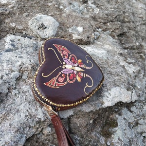 Mothers Day Gift For Her, Brown Leather Purse With Hand-Painted Red Butterfly, Coin Change Purse, Brown Leather Zip Purse With Butterflly image 9