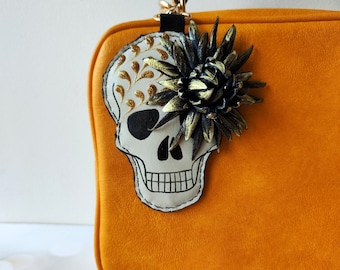 Leather Purse Charm with Skull and 3D Leather Black and Gold Chrysanthemum