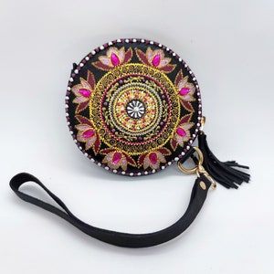 Round Mandala Leather Coin Wallet, Hand Stitched Headphones Holder, Leather Pill Pouch Leather Headphones Pouch Pill Case Round Zipper Pouch image 7