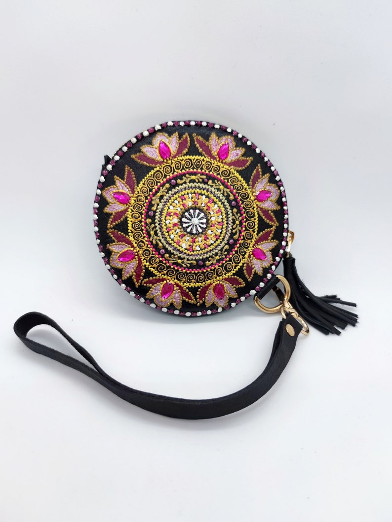 Round Mandala Leather Coin Wallet, Hand Stitched Headphones Holder, Leather Pill Pouch Leather Headphones Pouch Pill Case Round Zipper Pouch image 7