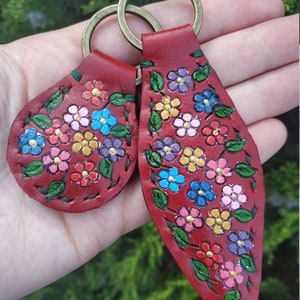 Flowers Leather Key Ring Tooled and Stamped Leather Whimsical Leather Hand Painted Leather Leather Key Fob Christmas Gift Gifts for Her Mom image 8