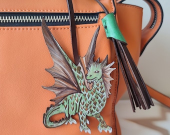 Dragon Leather Bag Charm, Mythic Animal Purse Charm, Womens Leather Accessory, Birthday Reptile Charm, Animal Lizard, Dragon Decor, Gift Her