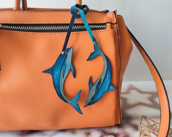 Handmade Leather Dolphin Purse Charm: Blue Bag Charm, Special Gift