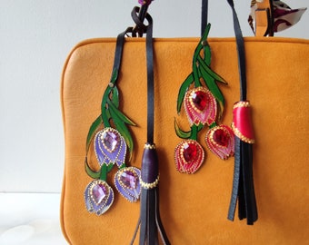 Handmade Leather Tulip Bag Charm: Red, Purple, & Tassel