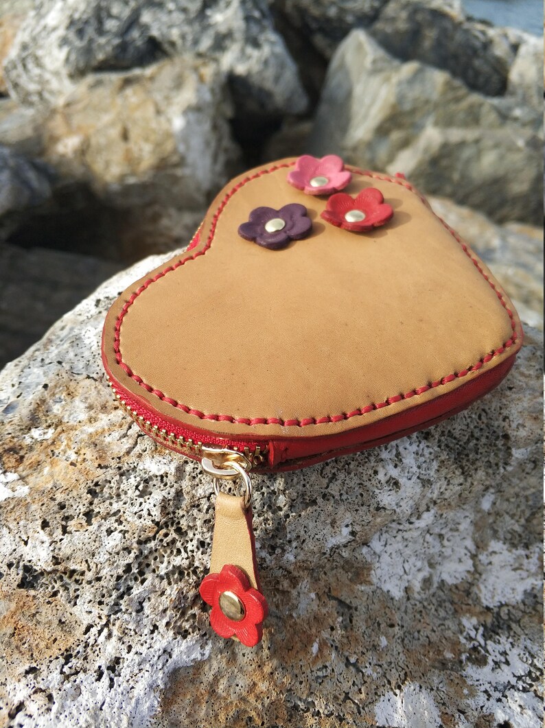 Leather Coin Purse with Flowers Women Leather Small Pouch With Flowers Veg Tanned Natural Leather Card Wallet Valentines Gift idea for Woman image 3