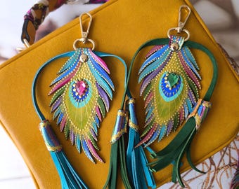 Handpainted Leather Peacock Feather Bag Charm: Leather Tassel