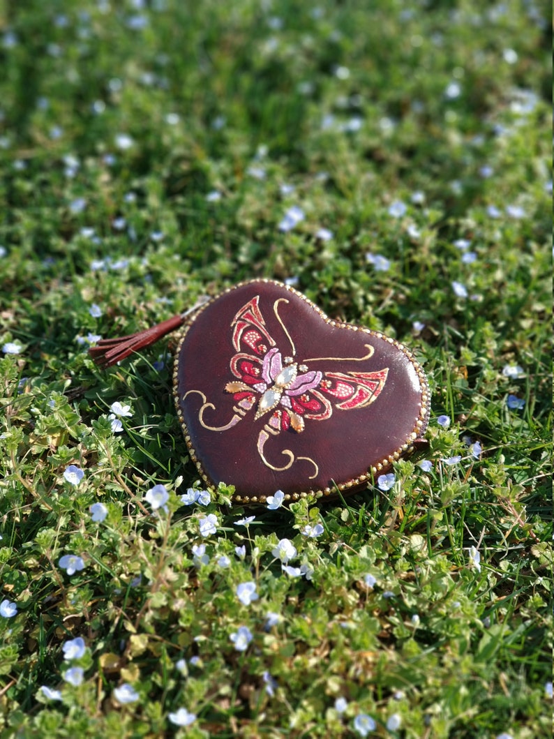 Mothers Day Gift For Her, Brown Leather Purse With Hand-Painted Red Butterfly, Coin Change Purse, Brown Leather Zip Purse With Butterflly image 3