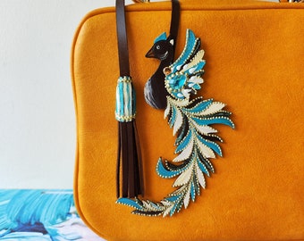Handmade Leather Phoenix Bag Charm: Turquoise Bird Purse Accessory